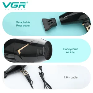 VGR Hair Dryer Nozzle, Air Inlet and Cable VGR hair dryer infographic showing a detachable nozzle, honeycomb rear air inlet and power cord