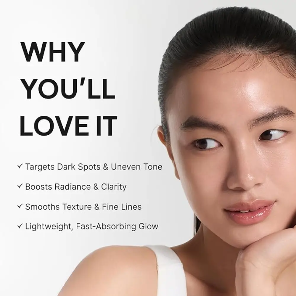 ARENCIA Vitamin C Booster Shot Benefits Woman beside ARENCIA Vitamin C Booster Shot benefit text about dark spots, uneven tone, radiance and skin texture