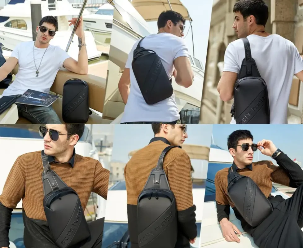 Arctic Hunter XB00121 Crossbody Bag Lifestyle Views Lifestyle collage showing a man wearing a black Arctic Hunter XB00121 crossbody bag across his chest and back
