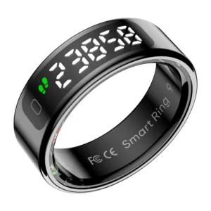 Black smart ring with an illuminated numeric display and green step icon on a white background
