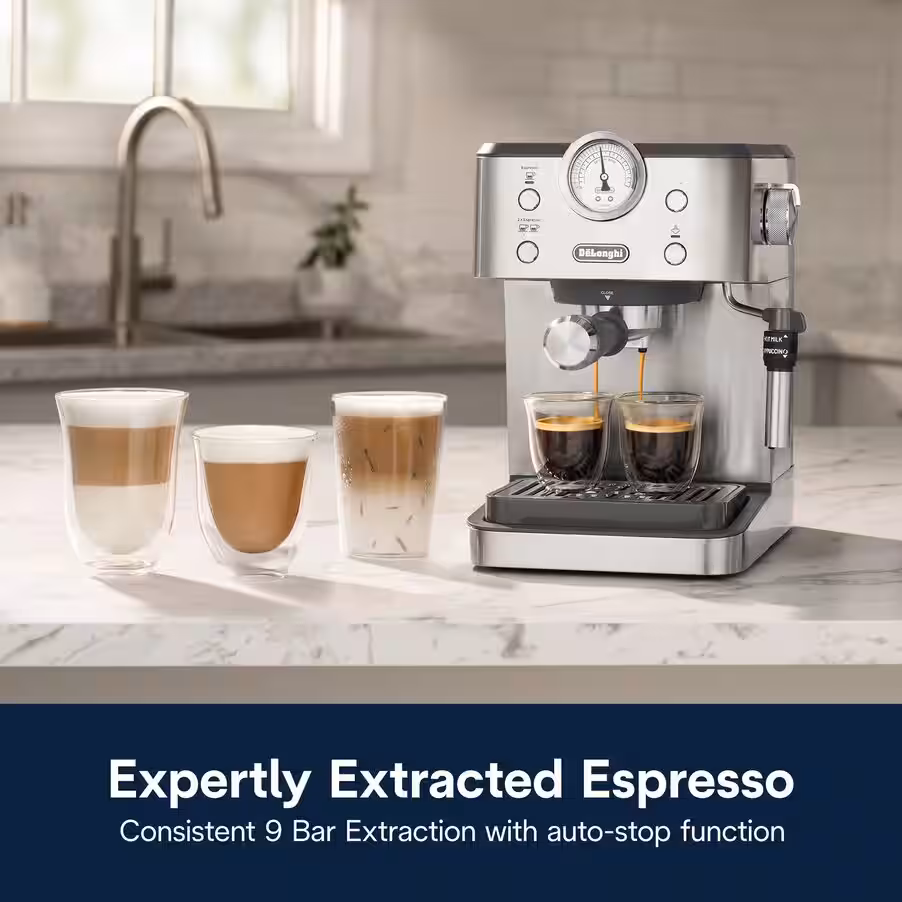 DeLonghi-EM450M-Espresso-Machine Put DeLonghi-EM450M-Espresso-Machine on table and 3 glass of coffee
