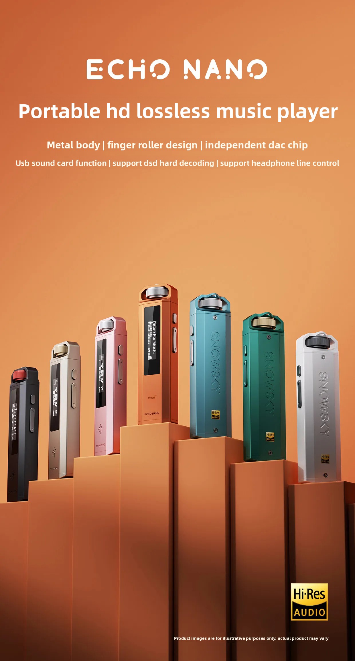 SNOWSKY ECHO Nano – Colour Lineup Six SNOWSKY ECHO Nano music players in different colours displayed on orange platforms