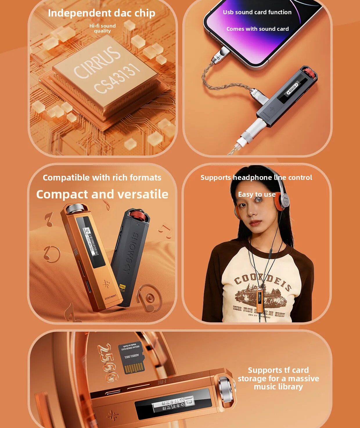 SNOWSKY ECHO Nano – DAC and Audio Features SNOWSKY ECHO Nano feature collage showing a CS43131 DAC illustration, phone connection, wired listening and microSD expansion