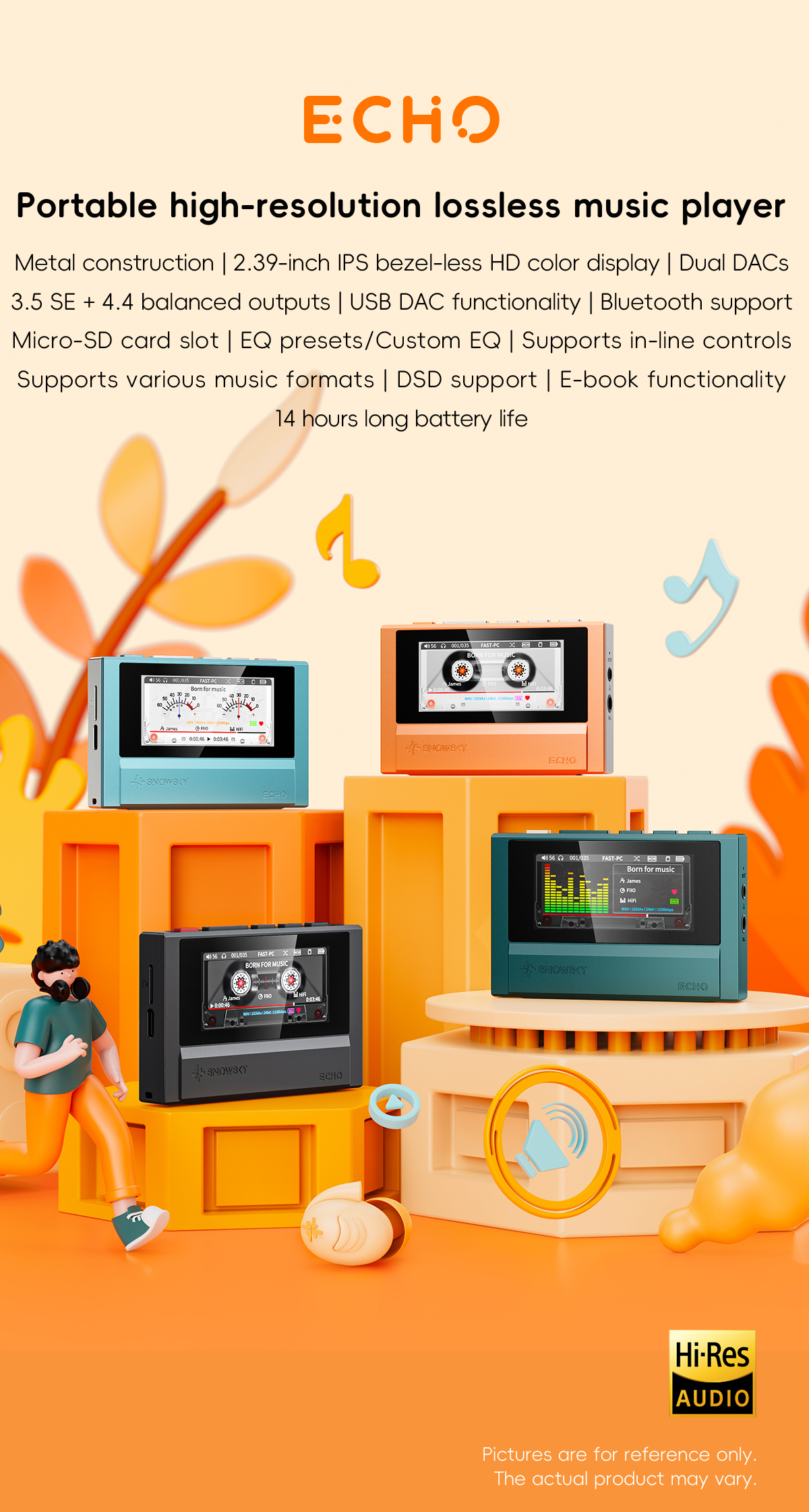 FiiO SNOWSKY ECHO – Colours and Features Overview FiiO SNOWSKY ECHO music players in blue, orange, green and black with different playback screens