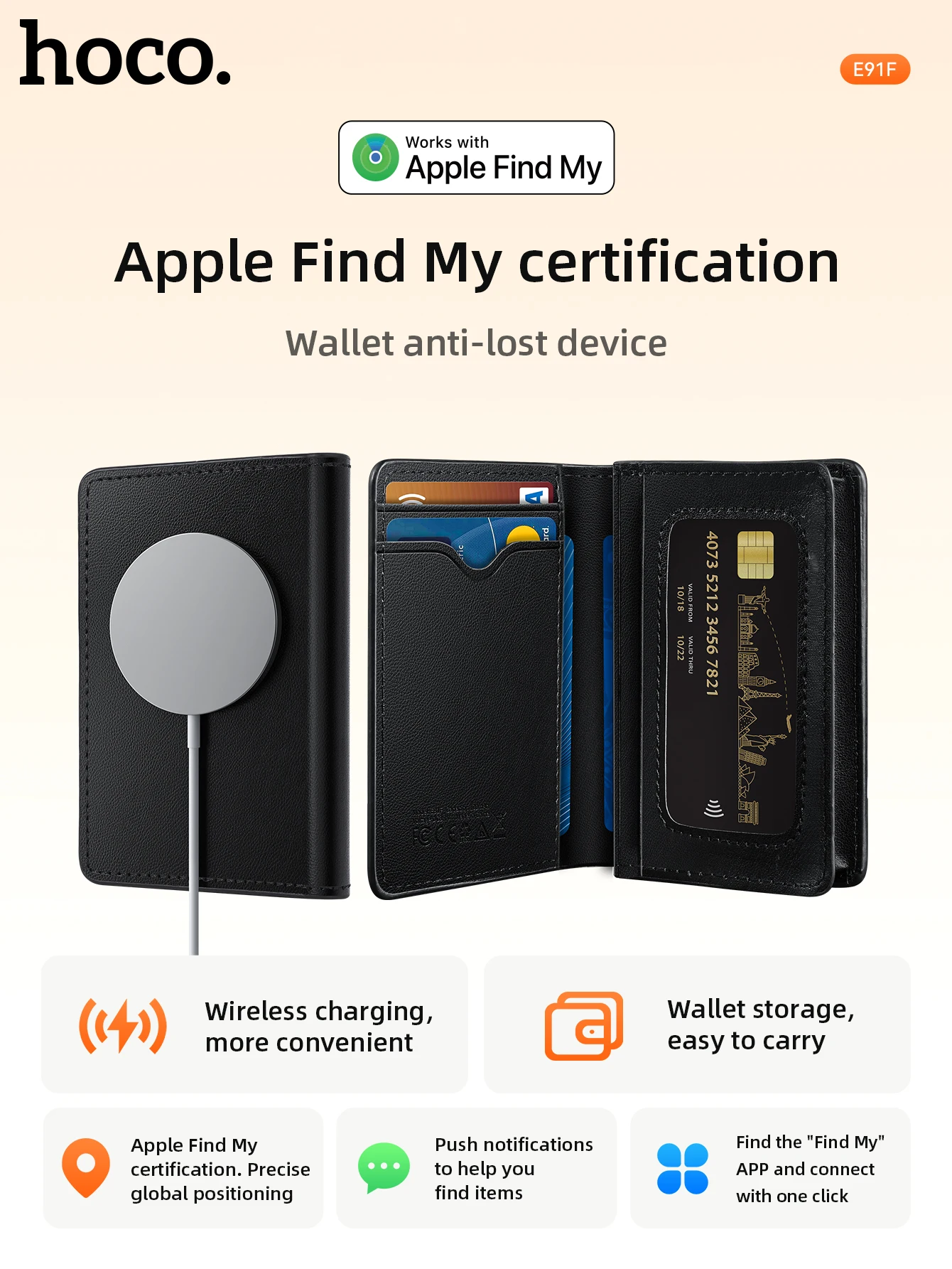 Hoco E91F Wireless Charging Hoco E91F Smart Wallet placed on a wireless charging pad