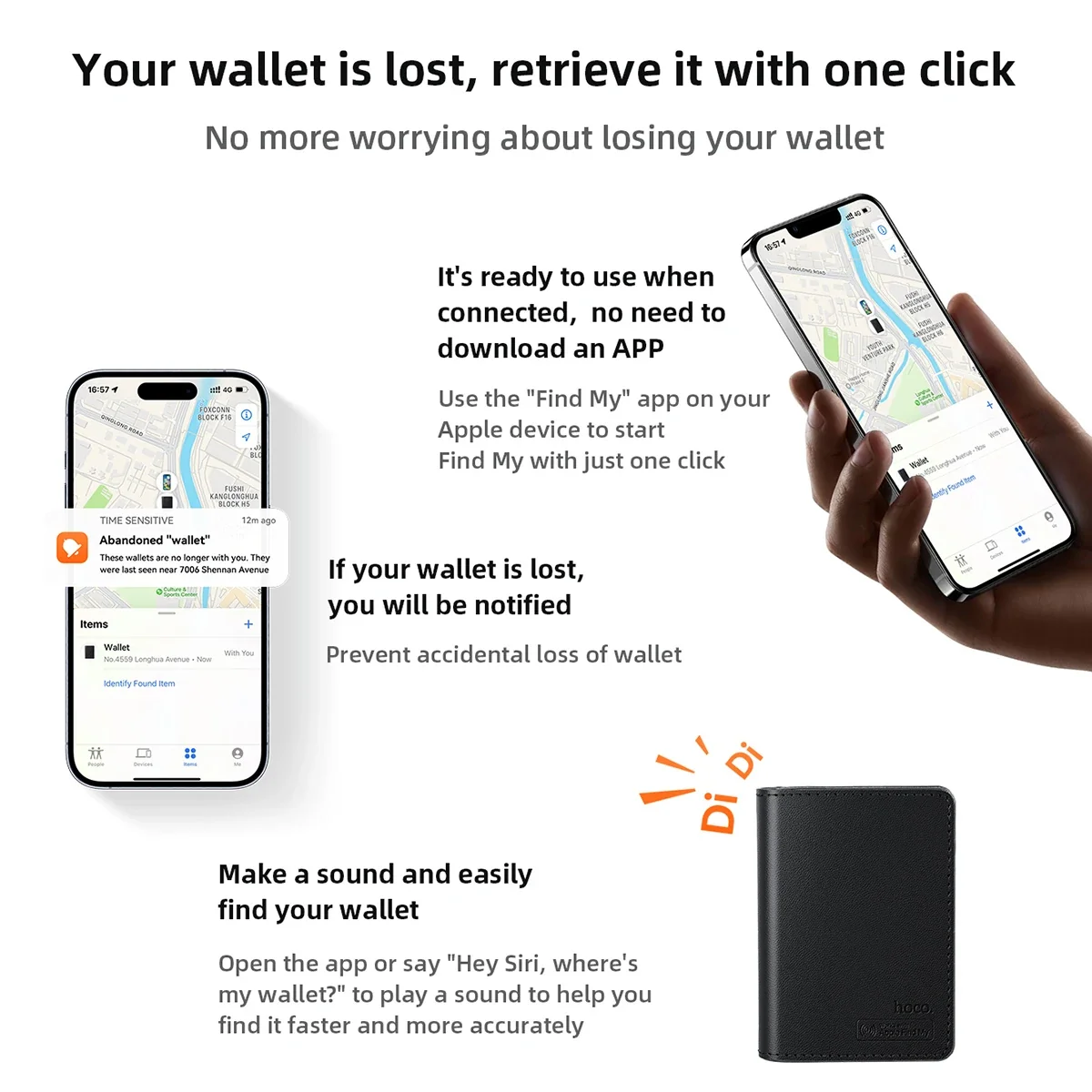 Hoco E91F Apple Find My Support Hoco E91F Smart Wallet beside an iPhone displaying the Find My app
