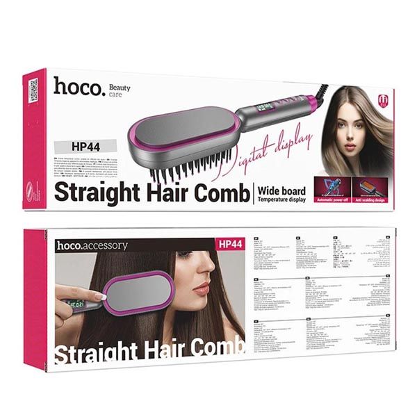 Hoco HP44 Product View Woman styling her long hair with a black and purple Hoco hair straightening brush