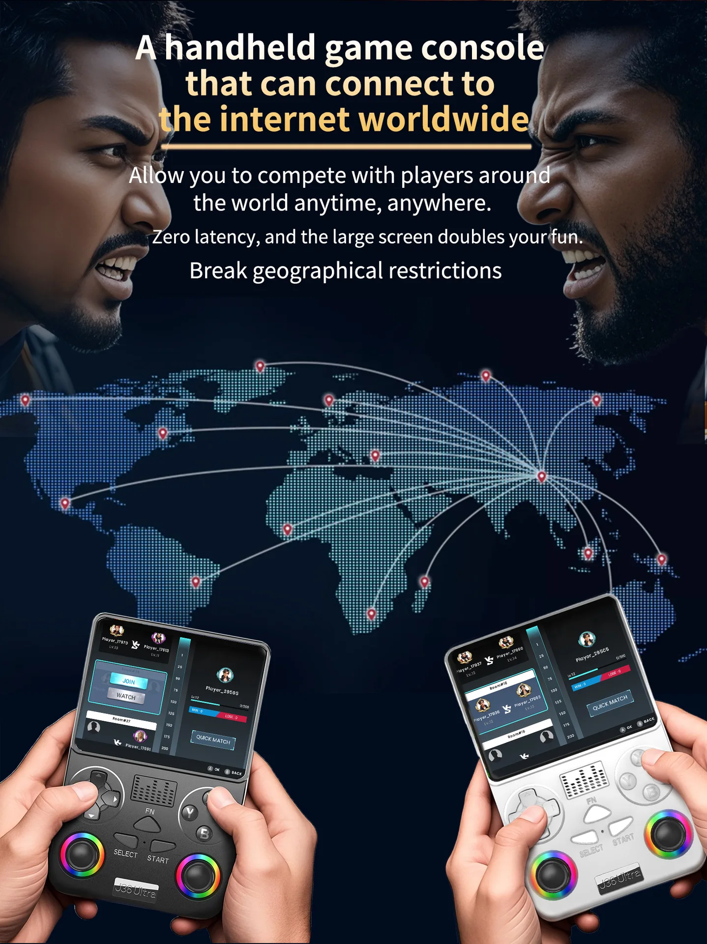 J36 Ultra Handheld Gaming Console Multiplayer Display Black and white J36 Ultra handheld gaming consoles displaying multiplayer menus beneath a connected world map