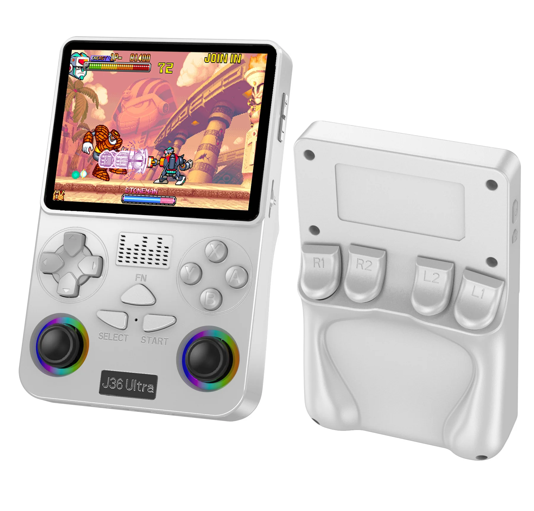 J36 Ultra Handheld Gaming Console White White J36 Ultra handheld gaming console showing the front display, dual joysticks and rear shoulder buttons