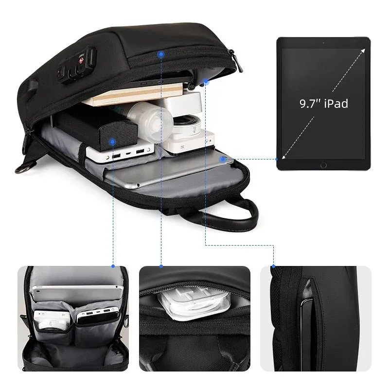 Mark Ryden MR-7039 Storage and Tablet Compartment Open Mark Ryden MR-7039 bag showing organised compartments, pocket close-ups and a 9.7-inch iPad illustration