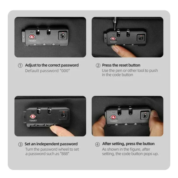 Mark Ryden MR-7039 Combination Lock Password Setup Four-step guide showing how to change the combination lock code on the Mark Ryden MR-7039 bag