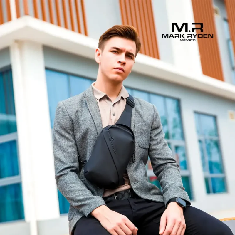 Mark Ryden MR-8518 Crossbody Sling Bag Lifestyle Man wearing a black Mark Ryden MR-8518 crossbody sling bag over a grey blazer