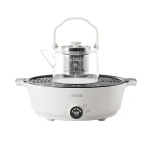 White electric tea stove with a round mesh rack and glass teapot with a metal infuser