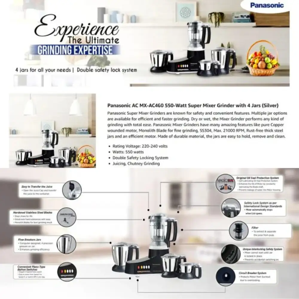 Panasonic MX-AC460 Mixer Grinder – Four Jars and Features Panasonic MX-AC460 Mixer Grinder with four jars and illustrated blade, control and safety features