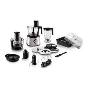 Philips HR7778/01 food processor with blender jug, juicer attachment, cutting discs, whisk and accessory storage box