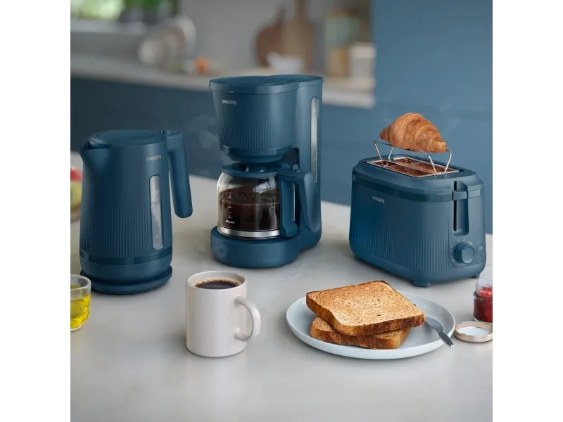 Philips HD7411 Coffee Maker – Malibu Blue Kitchen Display Philips HD7411 Coffee Maker beside a matching blue kettle and toaster, with coffee and toast on a kitchen counter