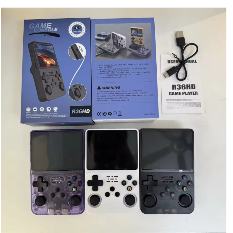 R36HD Handheld Retro Game Console Colours and Packaging R36HD retro game consoles in transparent purple, white and dark grey with retail boxes, USB cable and user manual