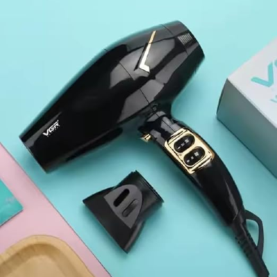 VGR Black and Gold Hair Dryer with Nozzle Black and gold VGR hair dryer with a separate concentrator nozzle on a turquoise background
