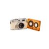 Vintage film camera and amber audio cassette