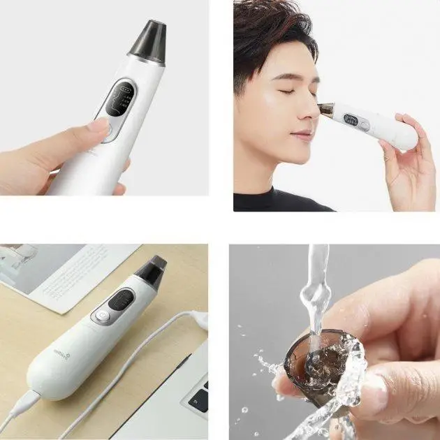 Electric Nose Hair Trimmer – Use, Charging and Cleaning White electric nose hair trimmer showing its controls, nose trimming, USB charging and detachable head cleaning