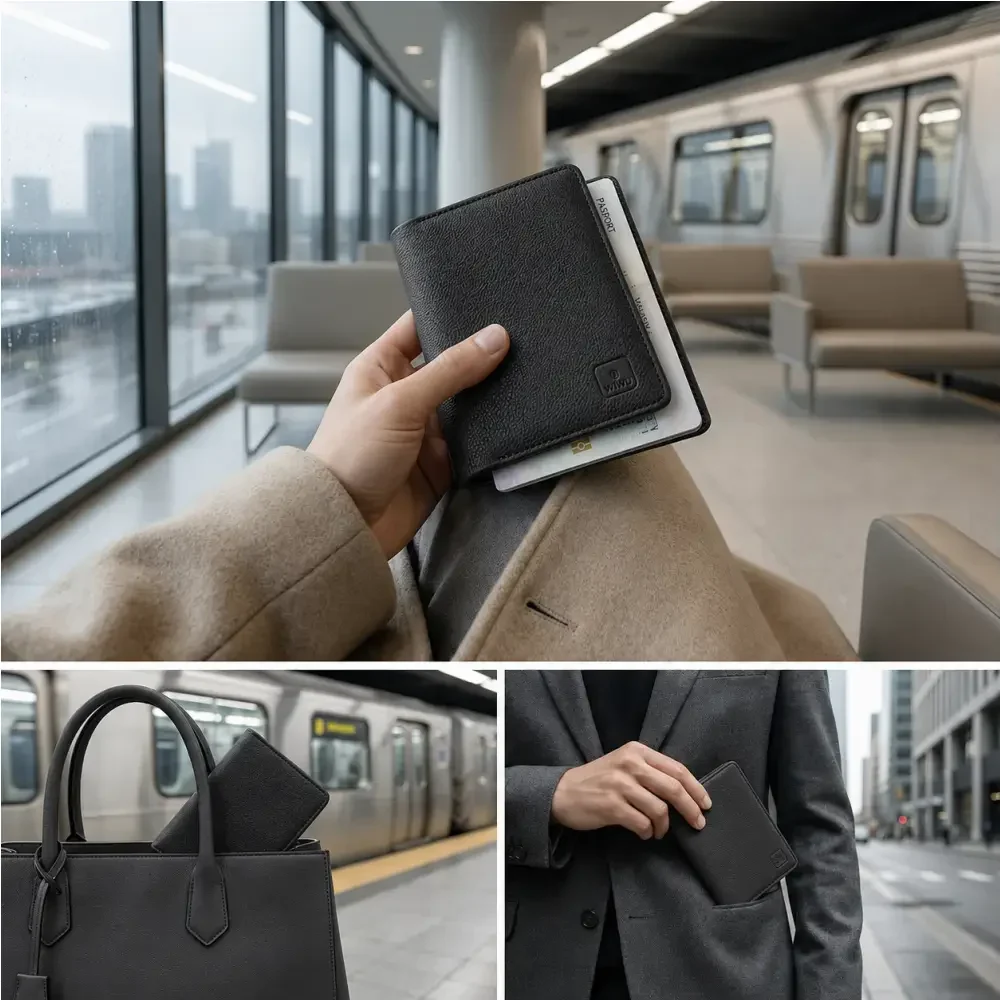 WiWU Master Passport Wallet Travel Lifestyle Black WiWU Master Passport Wallet shown held with a passport, inside a handbag and placed in a coat pocket.