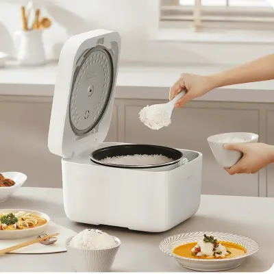 White Electric Rice Cooker Serving Rice Person serving cooked white rice into a bowl from an open white electric rice cooker