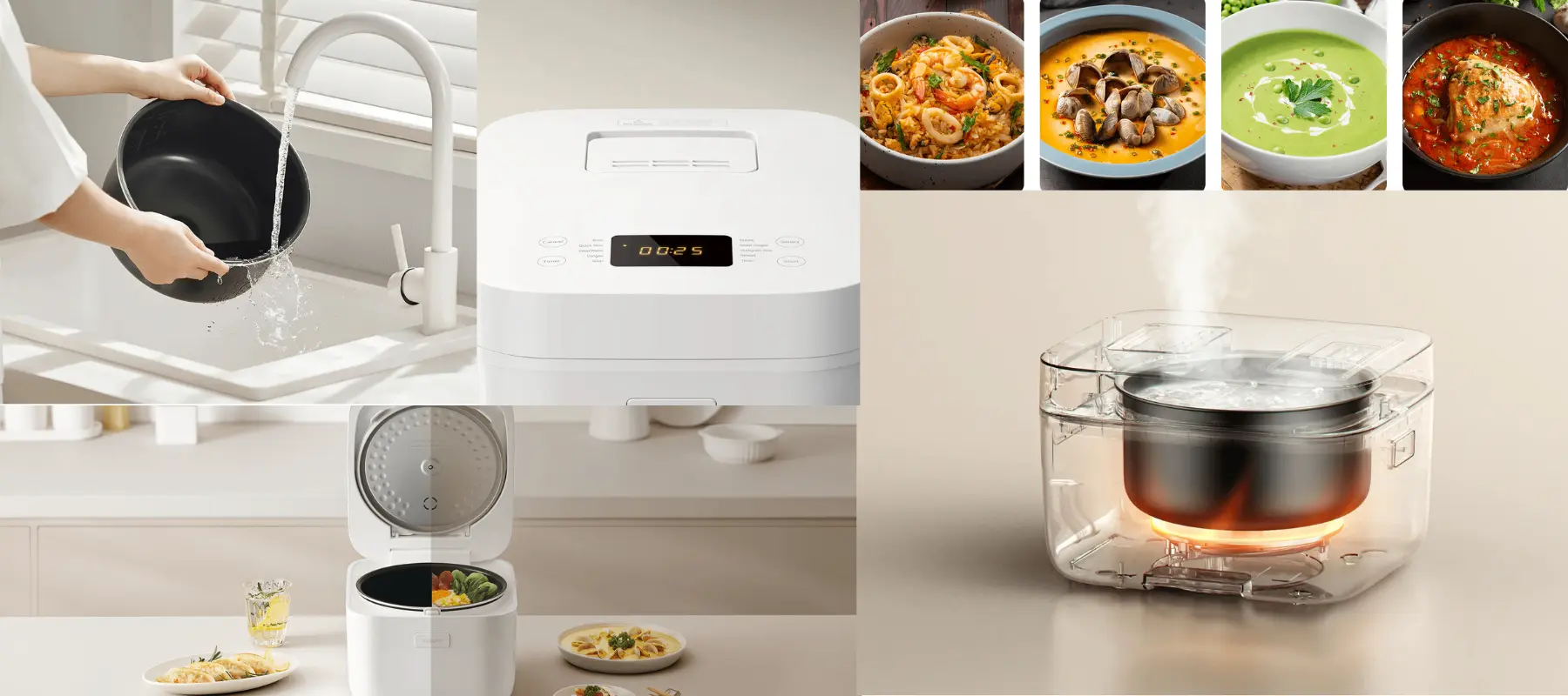 Electric Rice Cooker Cleaning and Cooking Features White electric rice cooker collage showing inner pot washing, digital controls, open lid and heating illustration