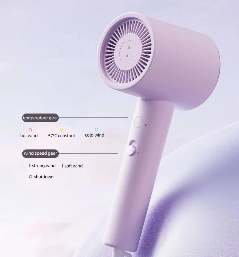 Xiaomi Mijia H301 Hair Dryer Temperature and Speed Controls Purple Xiaomi Mijia H301 hair dryer with labelled temperature button and airflow speed switch