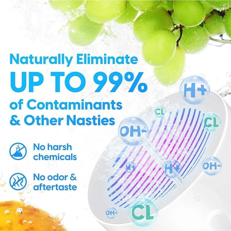 Xiaomi Portable Fruit and Vegetable Cleaner – Promotional Graphic Promotional graphic of a portable fruit and vegetable cleaner with grapes, ion symbols and a contaminant-removal claim