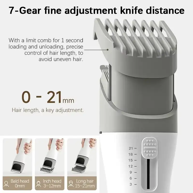 DOCO Hair Trimmer Product Features Overview White DOCO hair clipper displayed with cutting length diagrams and feature graphics