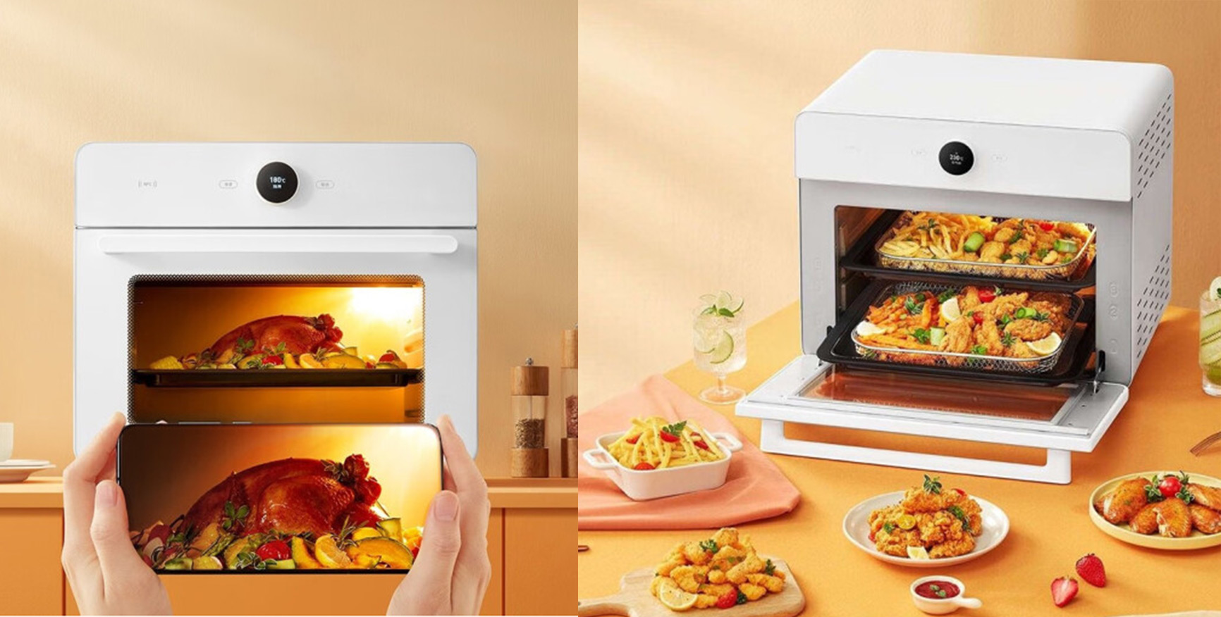 Xiaomi Smart Air Fryer Oven 30L – Cooking Display Xiaomi Smart Air Fryer Oven 30L collage showing roast chicken through the door and two food trays inside an open oven