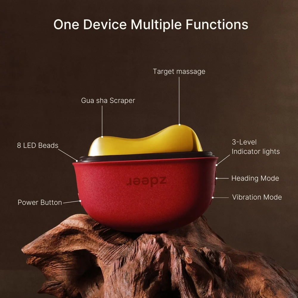 ZDEER Facial Massager feature collage showing its red body, massage surface and USB-C charging information