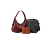 Women's burgundy shoulder bag, men's black crossbody bag and brown wallet