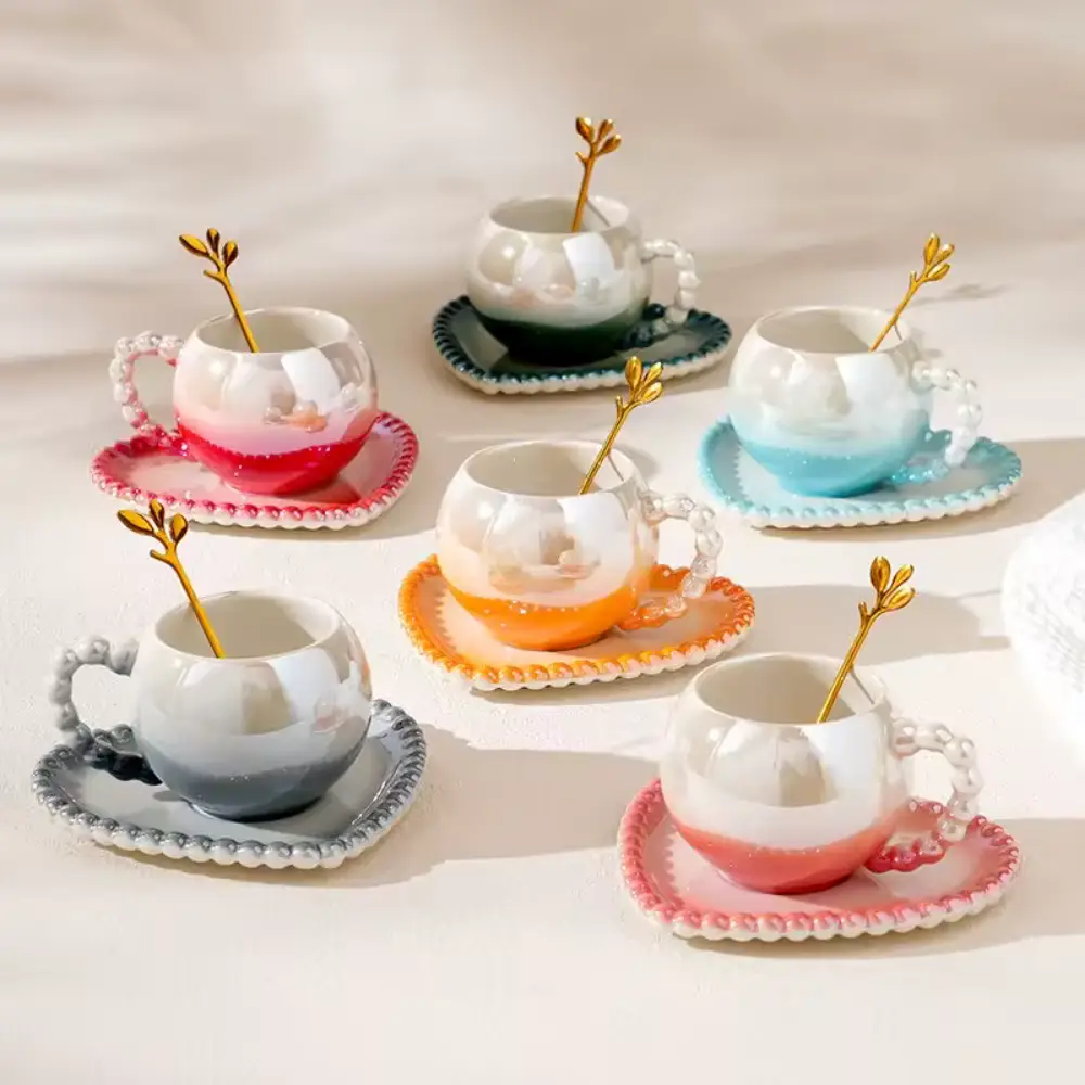 Ceramic Coffee Cup Saucer and Golden Spoon Set