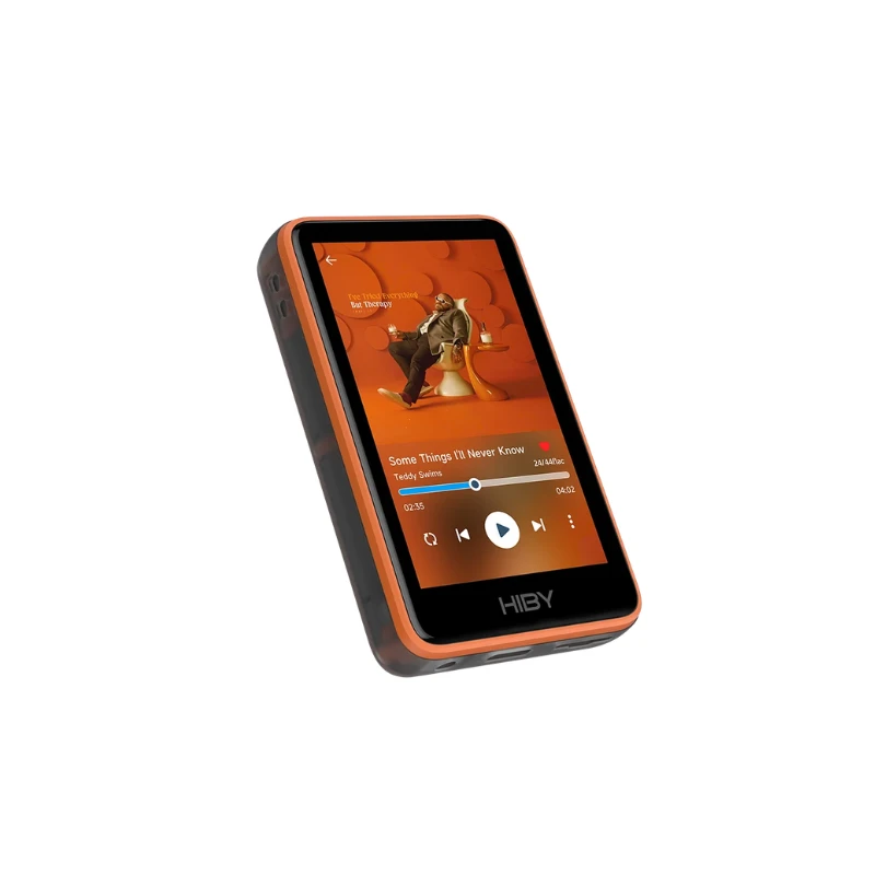 hiby-r1-music-player orange (1) Orange HiBy R1 portable music player showing its screen and body