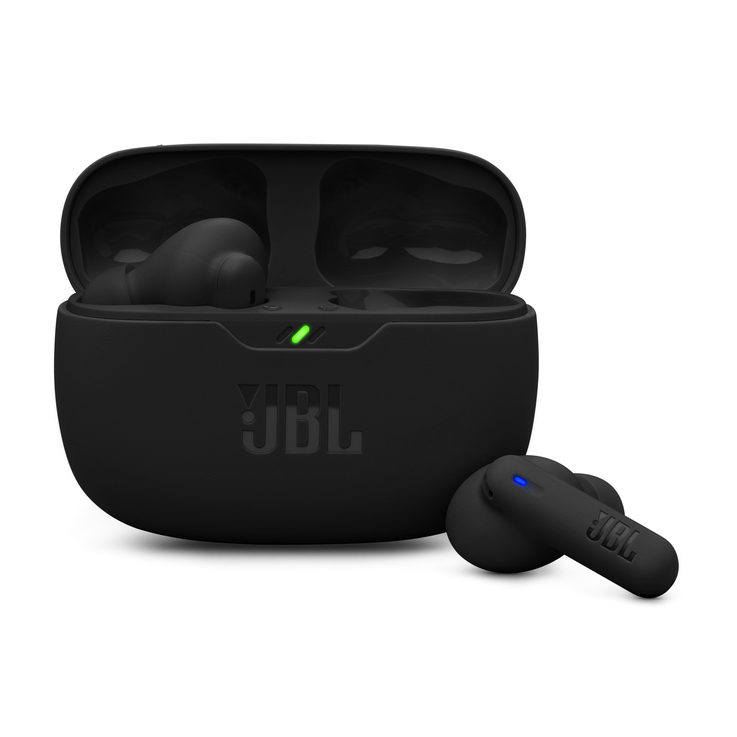 JBL Black Wireless Earbuds with Charging Case Black JBL wireless earbuds with an open charging case and one earbud placed beside it