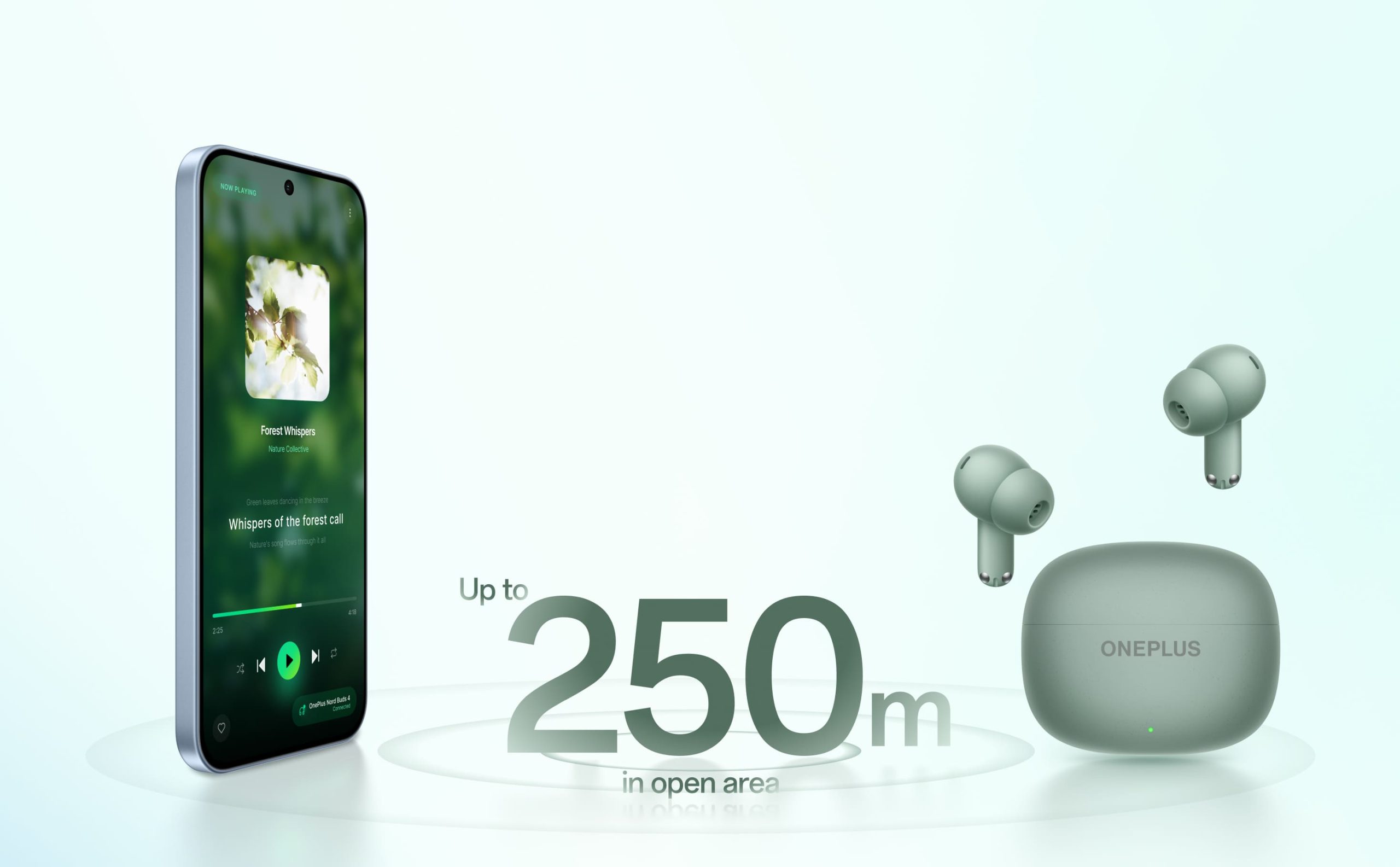 OnePlus Nord Buds 4 Wireless Range Display Green OnePlus Nord Buds 4 earbuds and charging case beside a smartphone with an advertised range of up to 250 metres in an open area
