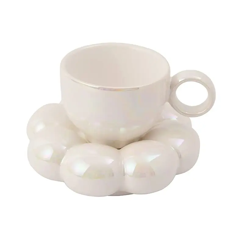 pearl-white-cloud-coffee-mug-saucer.webp Goaste Cloud Ceramic Coffee Mug and Sunflower Saucer Set of 2 – 227ml - Image 1