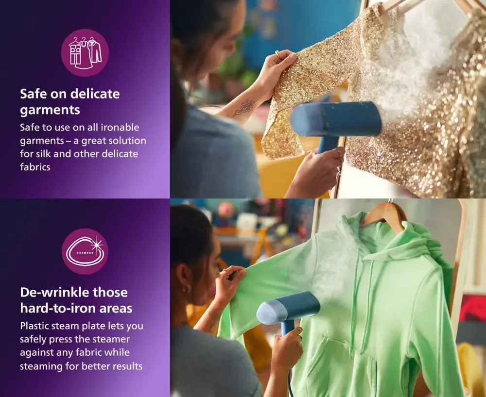 Philips STH3000 Garment Steamer – Fabric Steaming Philips STH3000 garment steamer used on a gold embellished garment and a green hoodie