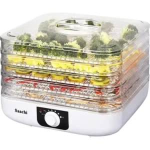 Saachi food dehydrator with transparent stacked trays containing sliced fruit and broccoli
