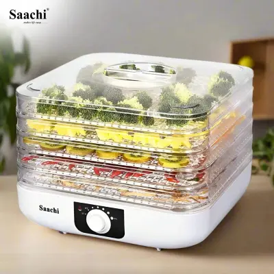 Saachi Food Dehydrator with Transparent Trays Saachi food dehydrator with transparent stacked trays containing sliced fruit and broccoli
