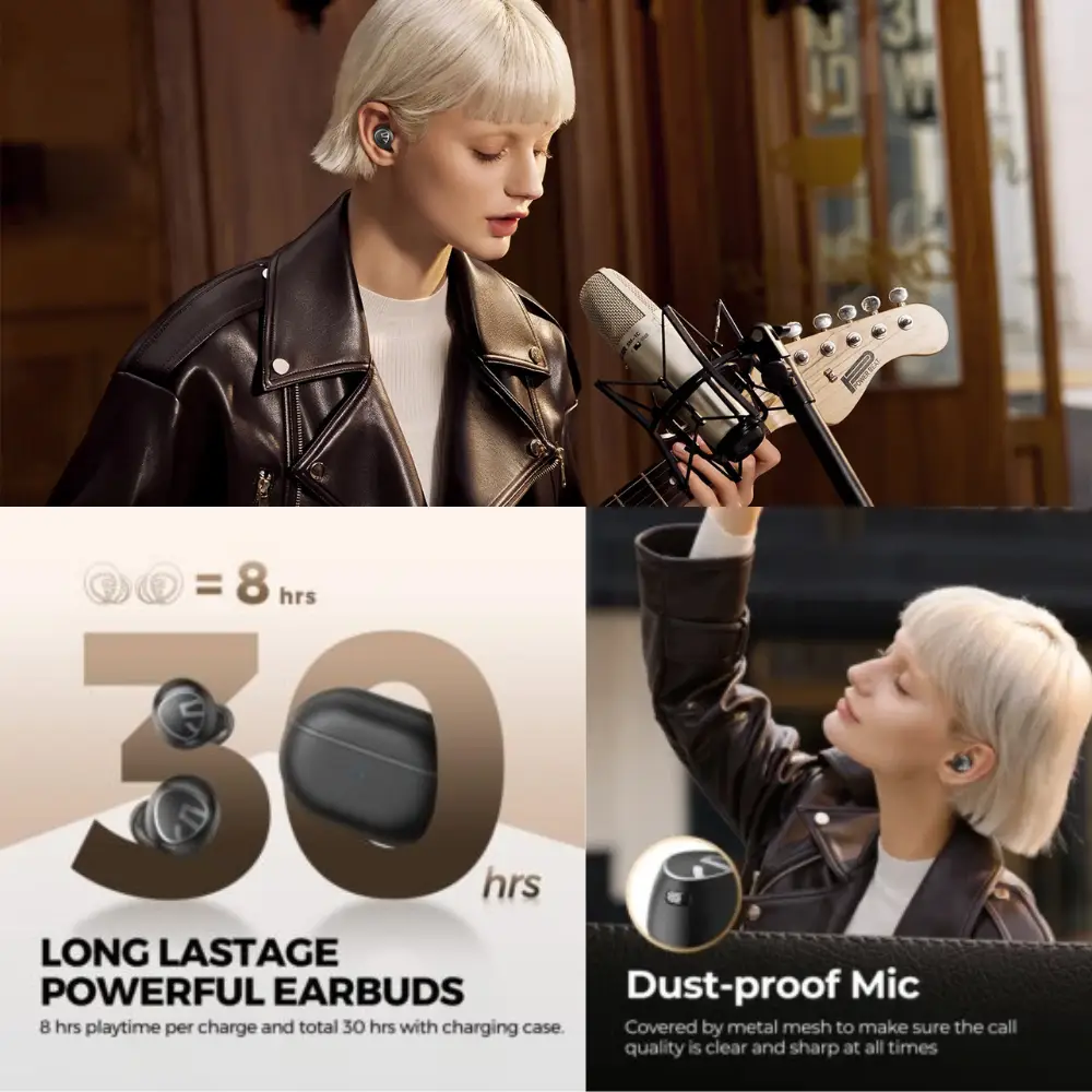 SoundPEATS Free2 Classic Battery and Microphone Features SoundPEATS Free2 Classic black earbuds collage showing a musician, charging case and battery life graphic