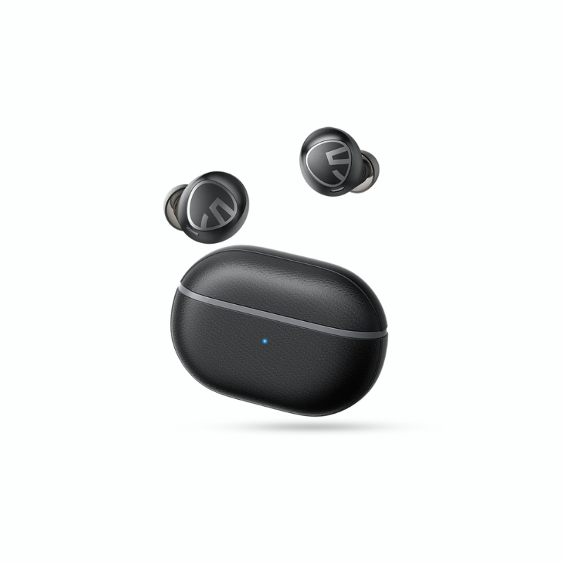 soundpeats-free2-classic-white-earbuds-charging-case Black SoundPEATS Free2 Classic earbuds above a matching textured charging case with a blue indicator light