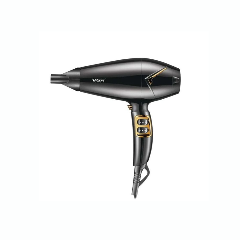 VGR Black and Gold Hair Dryer Side View Side view of a black VGR hair dryer with gold accents and an attached concentrator nozzle