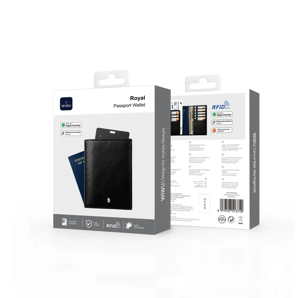WiWU Royal RFID Passport Wallet with Find My card slot and packaging