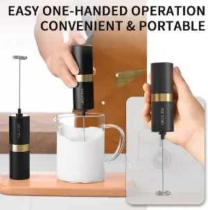 Circle Joy CJ-EMF03 Silver Knight Milk Frother in Use Circle Joy CJ-EMF03 Silver Knight milk frother used one-handed in a glass jug of milk