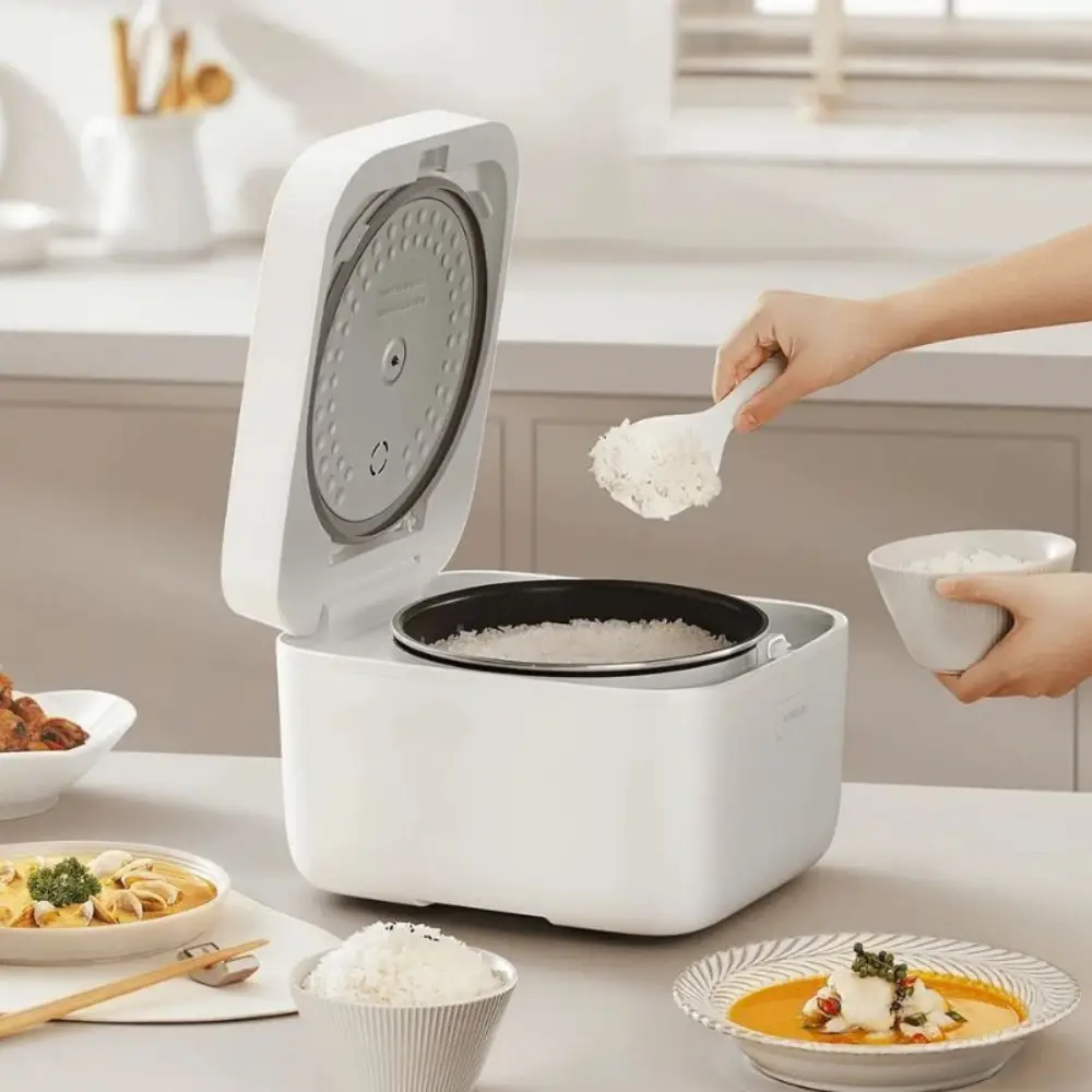 Xiaomi Mijia Smart Rice Cooker – Serving Cooked Rice Cooked rice being served from an open white Xiaomi Mijia Smart Rice Cooker into a bowl