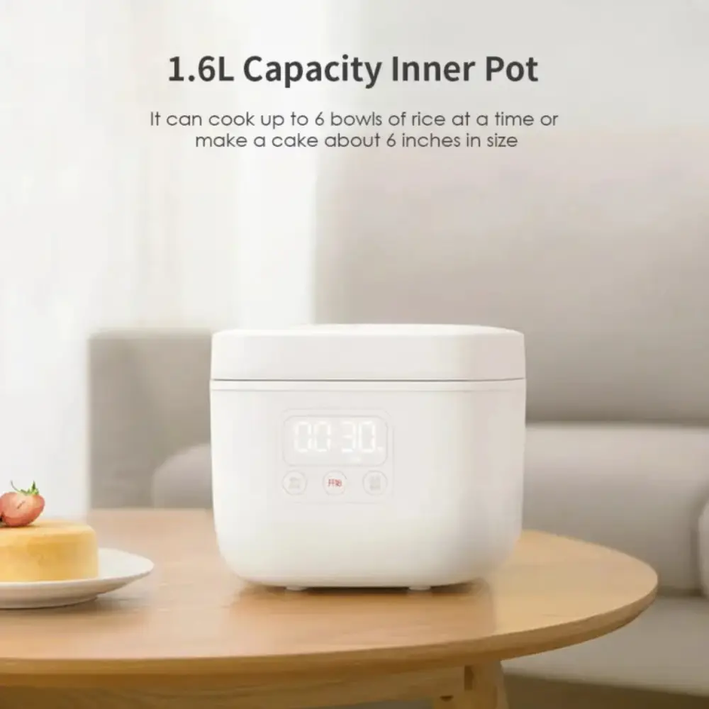 Xiaomi Mijia Smart Rice Cooker 1.6L Capacity Display White Xiaomi Mijia Smart Rice Cooker on a wooden table with a 1.6L capacity heading