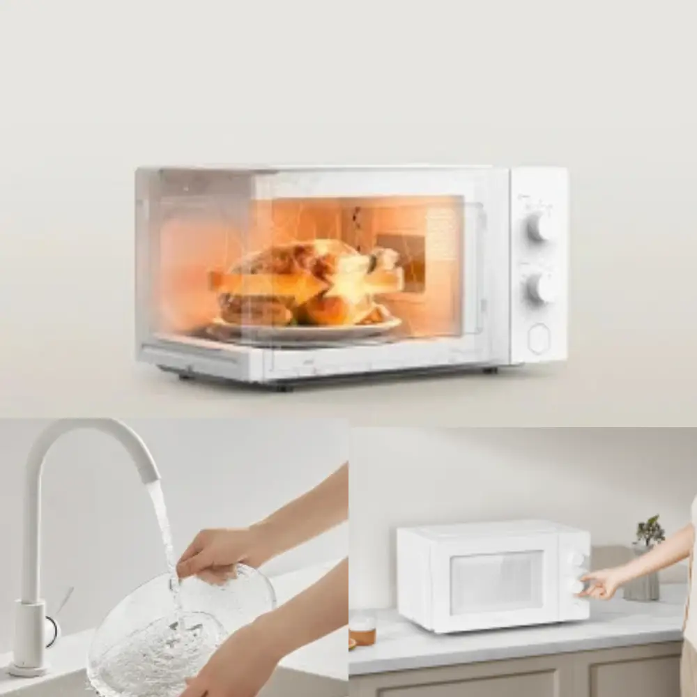 Xiaomi MWB020 Microwave Heating, Cleaning and Controls Xiaomi MWB020 microwave collage showing food heating, glass turntable cleaning and control knob adjustment