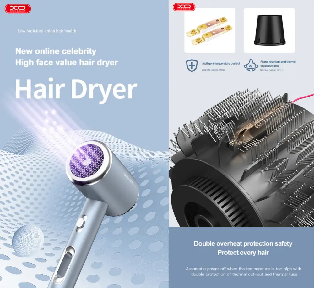 XO Hair Dryer – Design and Heating System XO hair dryer promotional collage showing a silver dryer, nozzle attachment and internal heating assembly